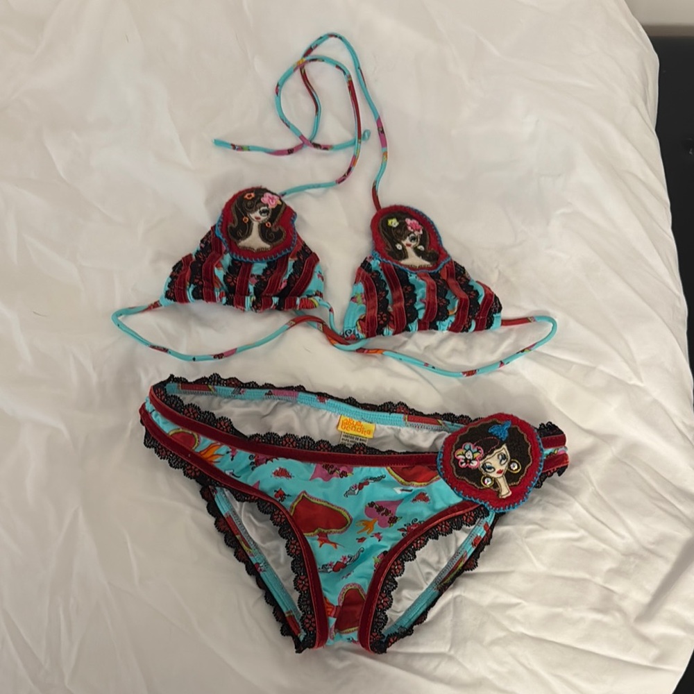 Agua Bendita Turquoise Red Bikini Set with Black Lace Trim
